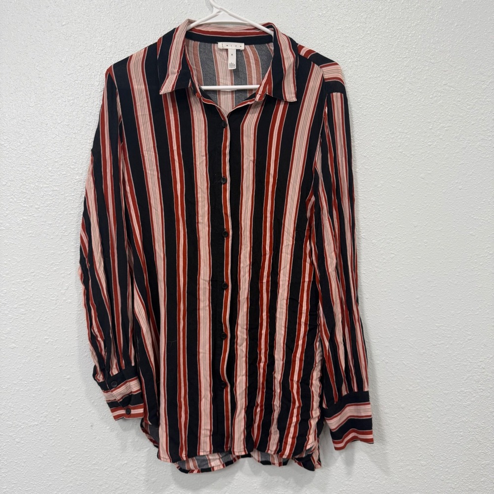 Leith Womens Striped Button Down Shirt‎ Navy Rust Orange Pink Viscose Size M
